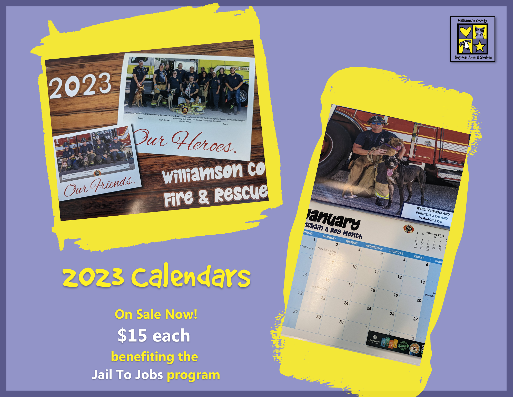Purple graphic with photos of 2023 calendar for sale for $15